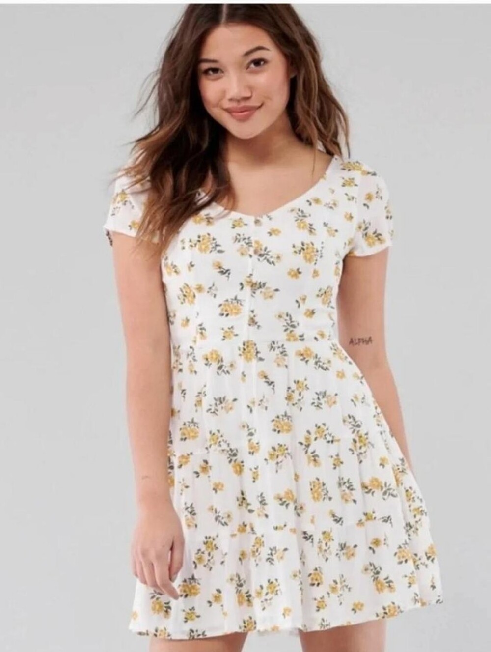 Hollister Women White Mini Dress with Yellow Floral Print  M